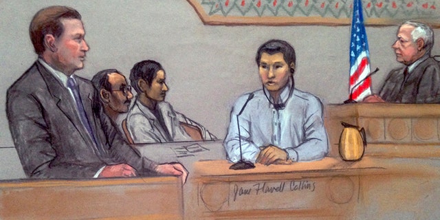 In this courtroom sketch, Dias Kadyrbayev, second from right, testifies in federal court Monday, June 2, 2014, in Boston. (AP)