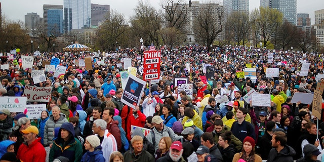 April 22, 2017: Demonstrators gather for the March for Science rally on Boston Common. Boston granted permission for an event this weekend that organizers are calling a free speech rally, but some people fear it is actually a white nationalist rally similar to the one that erupted in violence in Charlottesville.
