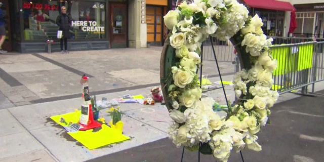 A wreath is displayed at the memorial site in Boston where one of the bombs exploded in 2013 at the Boston Marathon.