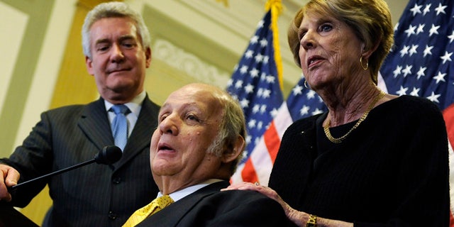Mar. 30, 2011: James Brady (C), former White House Press Secretary under Ronald Reagan, makes remarks with his wife Sarah Brady (R) during a news conference to urge members of Congress for progress on gun control legislation, specifically passage of a ban on large-capacity ammunition clips, in Washington. (Reuters)