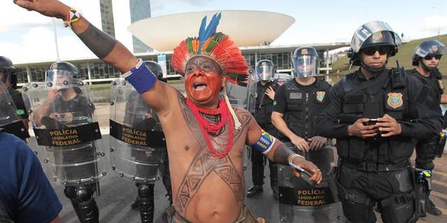 An indigenous protester during a protest next to Explanada dos Ministerios in Brasilia, April 25, 2017.