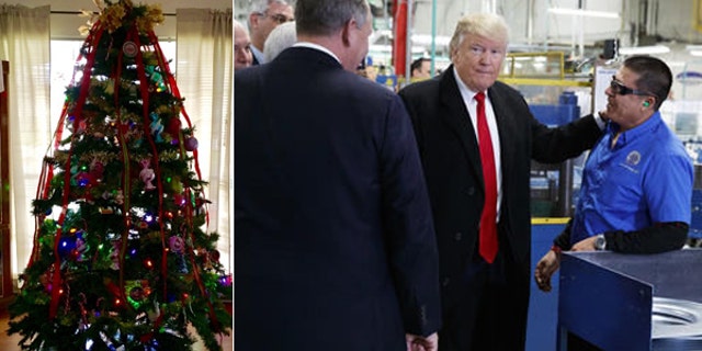 The Bray family Christmas tree, (l.), will have presents under it after President-elect Trump, at right visiting Carrier's plant, struck a deal to save jobs.