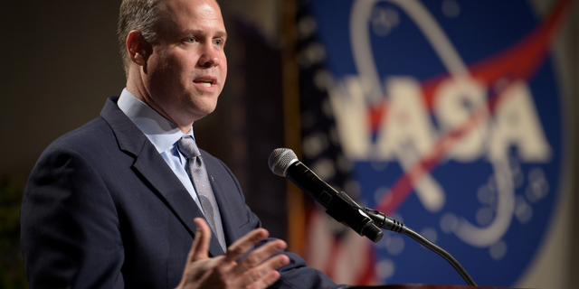 NASA Administrator Jim Bridenstine delivers remarks at the Johnson Space Center in Houston on Aug. 2, 2018.