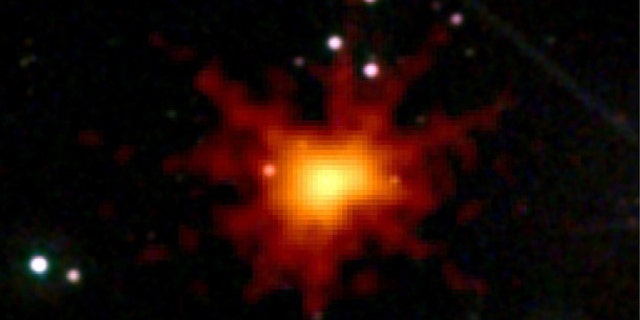 The brightest gamma-ray burst ever seen in X-rays that temporarily blinded Swift's X-ray Telescope is seen in this handout taken by NASA's Swift space observatory on June 21, 2010 and released on July 14, 2010. The gamma-ray burst and explosion of x-rays that followed came from a star that died 5 billion years ago, far beyond our own Milky Way galaxy, NASA and British scientists said. It took this long for the radiation to reach the Swift orbiting observatory.