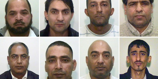 Undated handout composite image issued Tuesday May 8, 2012, by Greater Manchester Police showing eight of the nine men who have been convicted for luring girls as young as 13-years old into sexual encounters using alcohol and drugs, top row left to right, Abdul Rauf, Hamid Safi, Mohammed Sajid and Abdul Aziz, and with Bottom row left to right, Abdul Qayyum, Adil Khan, Mohammed Amin and Kabeer Hassan. The ninth man in the group, a 59-year-old man cannot be named for legal reasons.