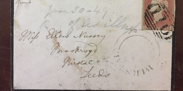 The envelope addressed to Bronte's friend Ellen Nussey postmarked Jan. 30, 1849 (Henry Aldridge & Son).