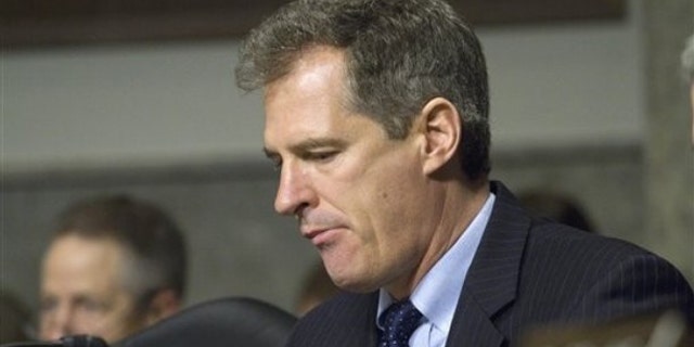 Sen. Scott Brown takes part in a Senate Armed Services Committee hearing on Capitol Hill Feb. 17.