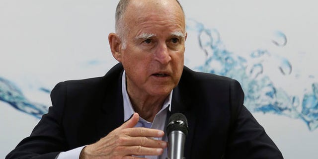 Apr. 16, 2015: Gov. Jerry Brown responds to a reporters question after a meeting with businesses affected by the drought at his Capitol office in Sacramento, Calif. (AP)