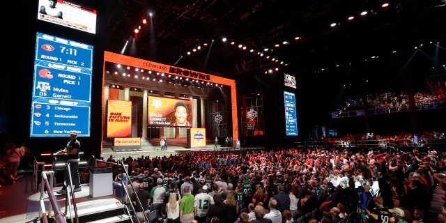 Fans cheer after Texas A&M's Myles Garrett was selected with the number one overall pick by the Cleveland Browns during the first round of the 2017 NFL football draft, Thursday, April 27, 2017, in Philadelphia.
