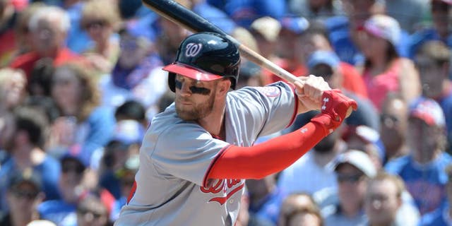 Washington Nationals Bryce Harper (34) during a game against theChicago Cubs on May 6 2016 at Wrigley Field in Chicago, IL. The Cubs beat the Nationals 8-6.(David Durochik via AP)