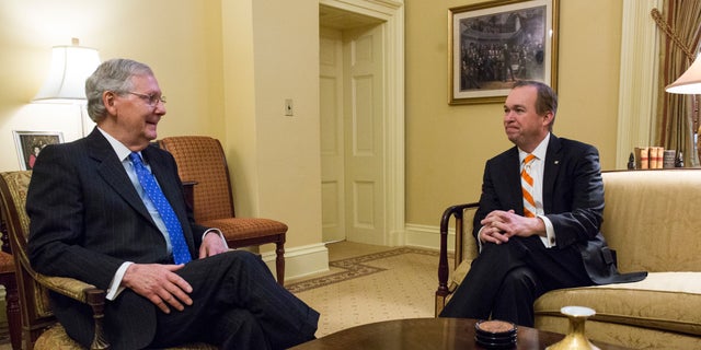 Jan. 5, 2017: Senate Majority Leader Mitch McConnell of Ky., left, meets with Budget Director-designate Rep. Mick Mulvaney, R-S.C. on Capitol Hill in Washington.