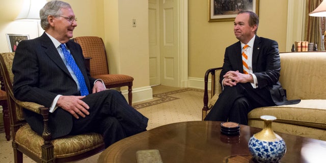 Jan. 5, 2017: Senate Majority Leader Mitch McConnell of Ky., left, meets with Budget Director-designate Rep. Mick Mulvaney, R-S.C. on Capitol Hill in Washington.