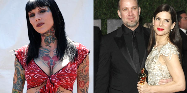 Michelle 'Bombshell' McGee (left) was one of several alleged mistresses that help break up the marriage of Jesse James and Sandra Bullock (right). (AP)
