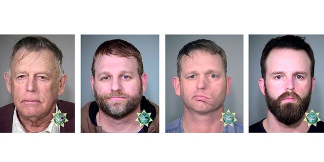 This undated combination of file photos provided by the Multnomah County, Ore., Sheriff's Office shows from left; Nevada rancher Cliven Bundy and his sons Ammon Bundy and Ryan Bundy and co-defendant Ryan Payne.