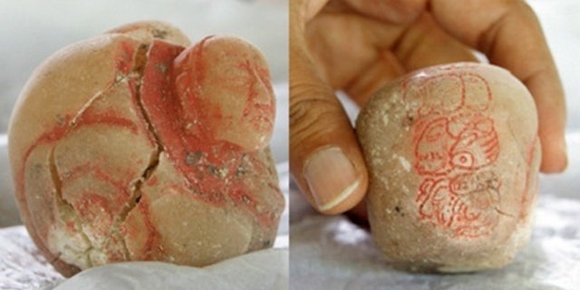 The carved alabaster vessel (shown from two sides) found in the burial chamber caused the archaeologists to conclude the tomb was that of Lady K’abel.