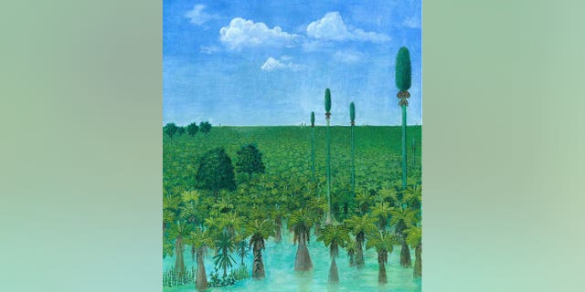 An artist's painting of a tropical forest before it was preserved in volcanic ash 300 million years ago in what is now Inner Mongolia.