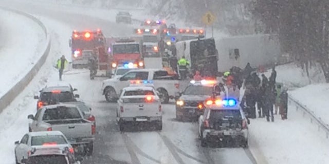 A charter bus overturned on Interstate 95 near Madison, Conn.