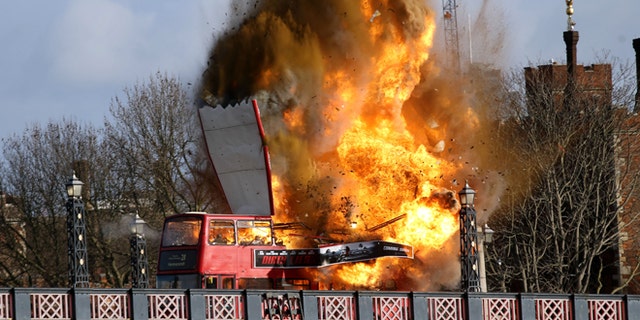 Feb 7, 2016. A bus explodes on Lambeth Bridge, during filming for Jackie Chan's new film "The Foreigner," in London.