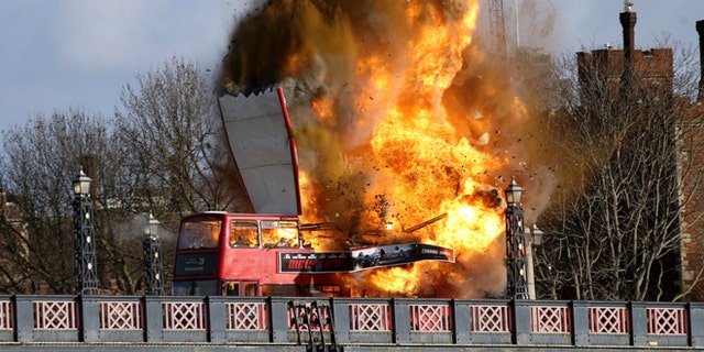 Feb 7, 2016. A bus explodes on Lambeth Bridge, during filming for Jackie Chan's new film "The Foreigner," in London.