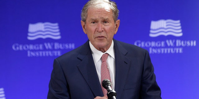 FILE- In this Thursday, Oct. 19, 2017 file photo, former U.S. President George W. Bush speaks at a forum sponsored by the George W. Bush Institute in New York. Bush Tuesday criticized the current GOP as "nativist." 