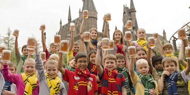 Some of the 1,000 guests at Islands of Adventure who celebrated the 5 millionth serving of Butterbeer with a complimentary mug of the drink.