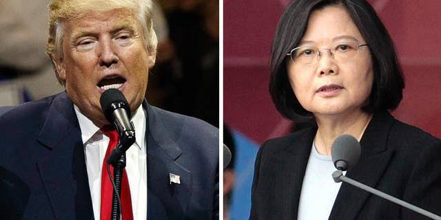 FILE - This combination of two photos shows U.S. President-elect Donald Trump, left, speaking during a "USA Thank You" tour event in Cincinatti Thursday, Dec. 1, 2016, and Taiwan's President Tsai Ing-wen, delivering a speech during National Day celebrations in Taipei, Taiwan, Monday, Oct. 10, 2016. Trump spoke Friday, Dec. 2, with Tsai, a move that will be sure to anger China. (AP Photo/Evan Vucci, Chinag Ying-ying, File)