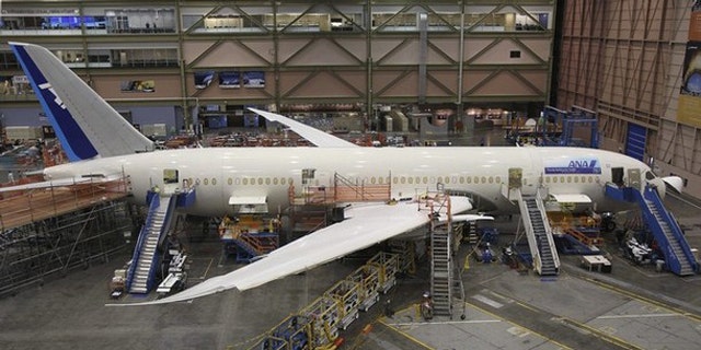 A Boeing 787 Dreamliner is seen on the production line at Boeing's Commercial Airplane manufacturing facility in Everett, Wash.