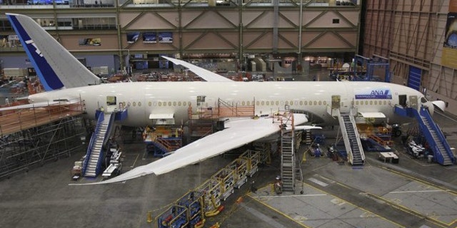 A Boeing 787 Dreamliner is seen on the production line at Boeing's Commercial Airplane manufacturing facility in Everett, Wash.