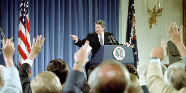President Reagan at his 18th press conference on June 28, 1983, at the White House.