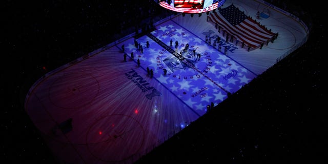 The ice surface is seen during the singing of the national anthem prior to Game 3 of the 2012 Stanley Cup Final between the New Jersey Devils and the Los Angeles Kings at Staples Center in Los Angeles, June 4, 2012. (Getty Images)