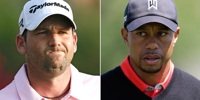 FILE - At left, in a May 5, 2013 file photo, Sergio Garcia grimaces during The Players Championshop golf tournament in Ponte Vedra Beach, Fla. At right, in a March 25, 2013 file photo, Tiger Woods walks to the 16th green during the final round of the Arnold Palmer Invitational golf tournament in Orlando, Fla. Woods and Garcia don't like each other, and are making no attempt to disguise their feelings. (AP Photo/File)
