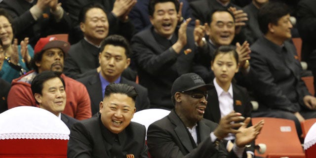 FILE - North Korean leader Kim Jong Un, left, and former NBA star Dennis Rodman watch North Korean and U.S. players in an exhibition basketball game at an arena in Pyongyang, North Korea, Thursday, Feb. 28, 2013. (AP Photo)