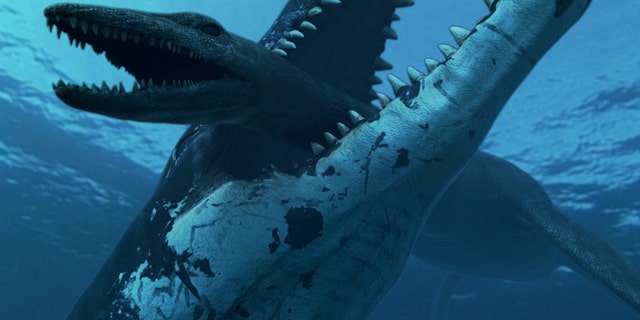 A pliosaur crushes down on a smaller plesiosaur, thanks to its 33,0000-lb bite.
