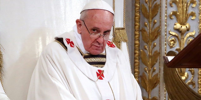 VATICAN CITY, VATICAN - APRIL 14: Pope Francis attends a Mass in the Papal Basilica of St Paul Outside the Walls on April 14, 2013 in Vatican City, Vatican. Pope Francis took possession of Saint Paul outside the Walls, another of the four major Roman Basilicas. (Photo by Franco Origlia/Getty Images)
