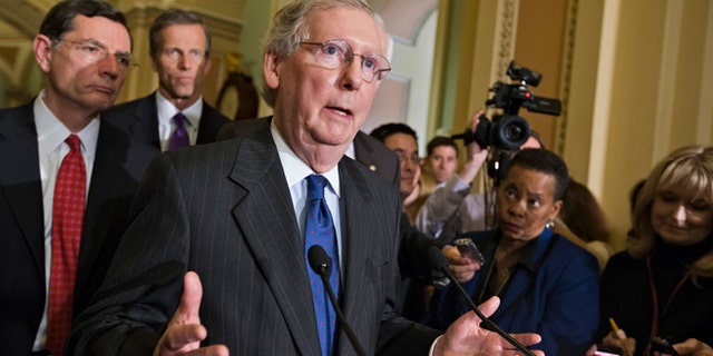 FILE: April 9, 2013: Senate Minority Leader Mitch McConnell, R-Ky., and the Senate GOP leadership after a Republican strategy session on Capitol Hill in Washington, D.C.
