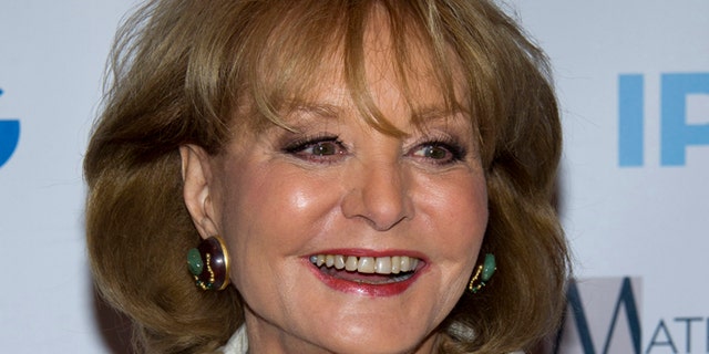 In this Monday, April 23, 2012 photo, veteran ABC newswoman Barbara Walters arrives to the Matrix Awards in New York. Walters has fallen at an inauguration party in Washington and has been hospitalized, according to an ABC News spokesman, Sunday, Jan. 20, 2013. (AP Photo/Charles Sykes)