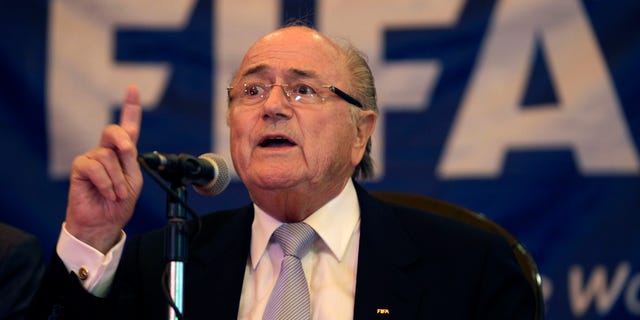 FIFA President Joseph S. Blatter gives a press conference at Hotel Nacional in Havana, Cuba, Wednesday, April 17, 2013. Blatter made a stop in Cuba on his way to Panama, where he will attend attend the CONCACAF annual congress. (AP Photo/Franklin Reyes)