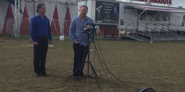 Nik Wallenda, right, with Sarasota Circus Arts Conservatory founder and CEO Pedro Reis.
