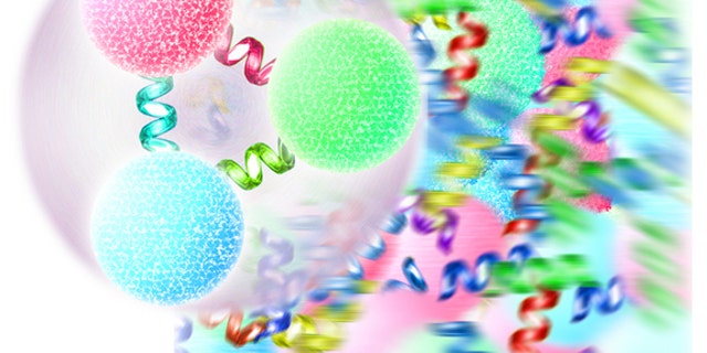 An ordinary proton or neutron (foreground) is formed of three quarks bound together by gluons, carriers of the color force. Above a critical temperature, protons and neutrons and other forms of matter "melt" into a hot, dense soup of free quarks and gluons (background), the quark-gluon plasma.