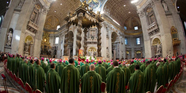 In this photo taken with a fish-eye lens Pope Francis celebrates a Mass to mark the end of the Synod of bishops, in St. Peter's Basilica at the Vatican, Sunday, Oct. 25, 2015.