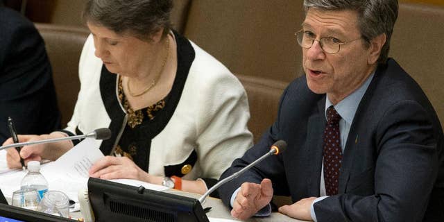 FILE - This is a Friday, April 22, 2016 file photo of Columbia University's Jeffrey Sachs as he speaks during a high level meeting on the Implementation of the Climate and Development Agendas, at U.N. headquarters. In a letter released Monday May 9, 2016, hundreds of economists including Jeffrey Sachs of Columbia University's Earth Institute are urging world leaders to end the era of tax havens, arguing they only benefit rich individuals and multinational corporations and serve to increase inequality. (AP Photo/Mary Altaffer, File)