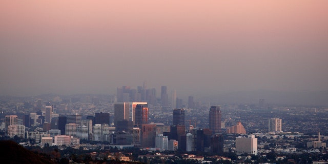 Century City and downtown Los Angeles are seen through the smog.