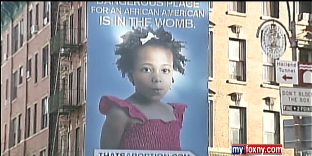 A billboard high above Watts Street and 6th Avenue in lower Manhattan is raising eyebrows over its anti-abortion message which includes an image of a Black girl.