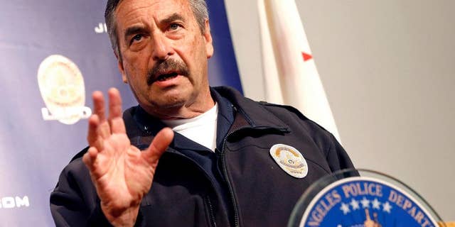 Then-Los Angeles Police Chief Charlie Beck speaks at a news conference in Los Angeles, March 21, 2017, (Associated Press)