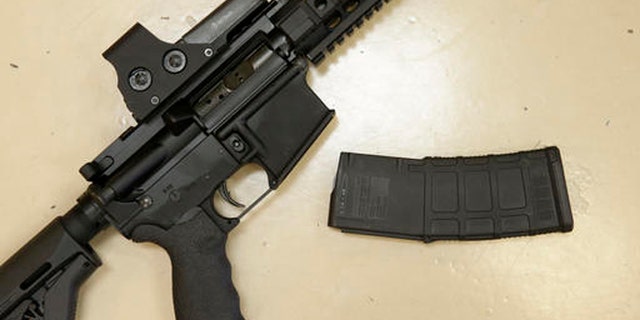 In this Oct. 3, 2013, file photo, a custom-made semi-automatic hunting rifle with a high-capacity detachable magazine is displayed at TDS Guns in Rocklin, Calif.