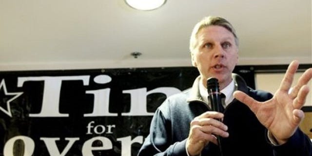 In this Feb. 13 file photo, Massachusetts Treasurer Tim Cahill speaks at his campaign headquarters in Quincy, Mass. (AP Photo)