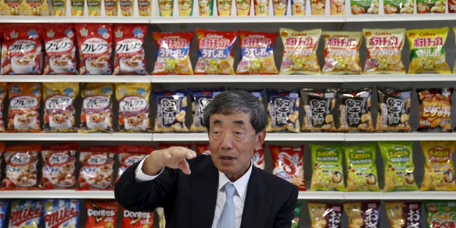 Akira Matsumoto, chairman and chief executive of Calbee Inc., speaks during an interview with Reuters at the company headquarters in Tokyo, Japan January 15, 2016.