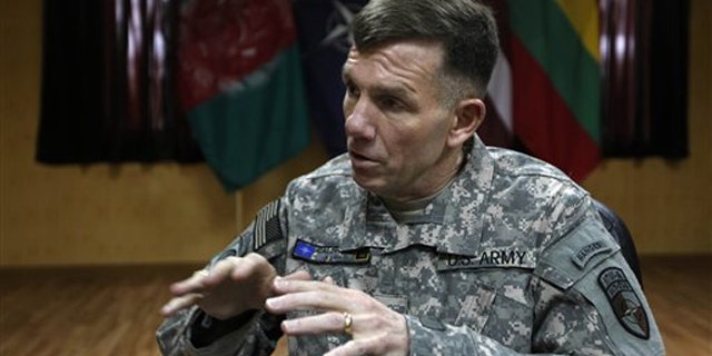 Lt. Gen. William Caldwell, the commander of NATO’s mission to train Afghan policemen and soldiers, speaks during an interview with The Associated Press in Kabul, Afghanistan Feb. 12.