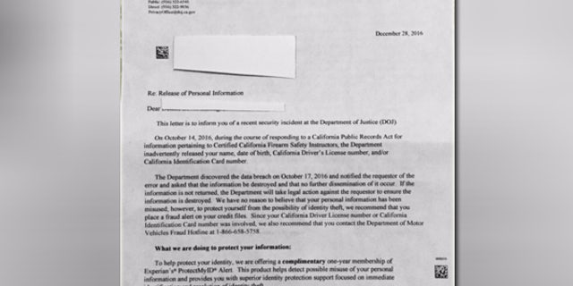 Nearly 4,000 gun safety instructors in California received this letter by the DOJ two months after the breach was discovered.