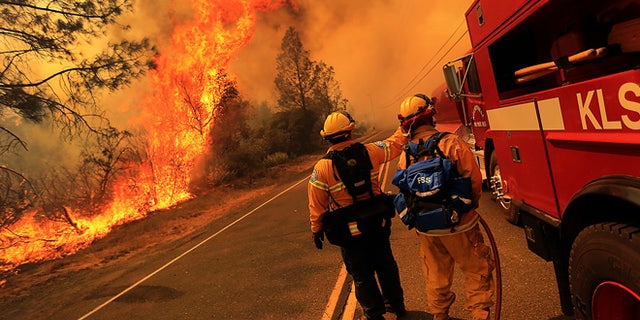 July 1, 2014: Kelseyville firefighters prepare to pull back from the fire on Butts Canyon Road as the fire jumps the road outside Middletown, California at the border between Lake and Napa counties.